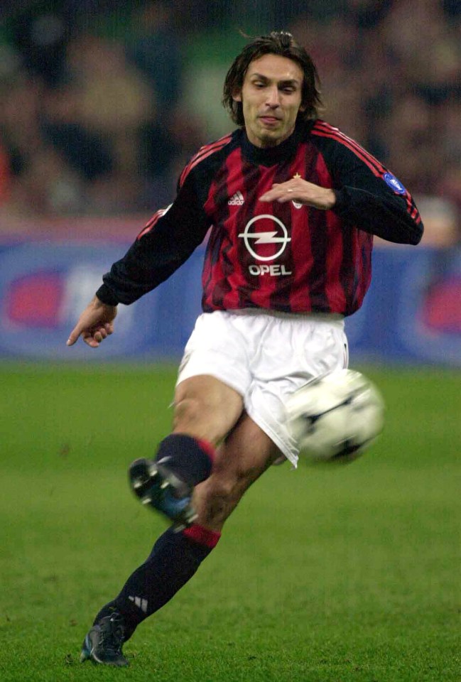 MILAN - MARCH 22: Andrea Pirlo of AC Milan in action during the Serie A match between AC Milan and Juventus, played at the Giuseppe Meazza San Siro Stadium, Milan, Italy on March 22, 2003. (Pjoto by Grazia Neri/Getty Images)