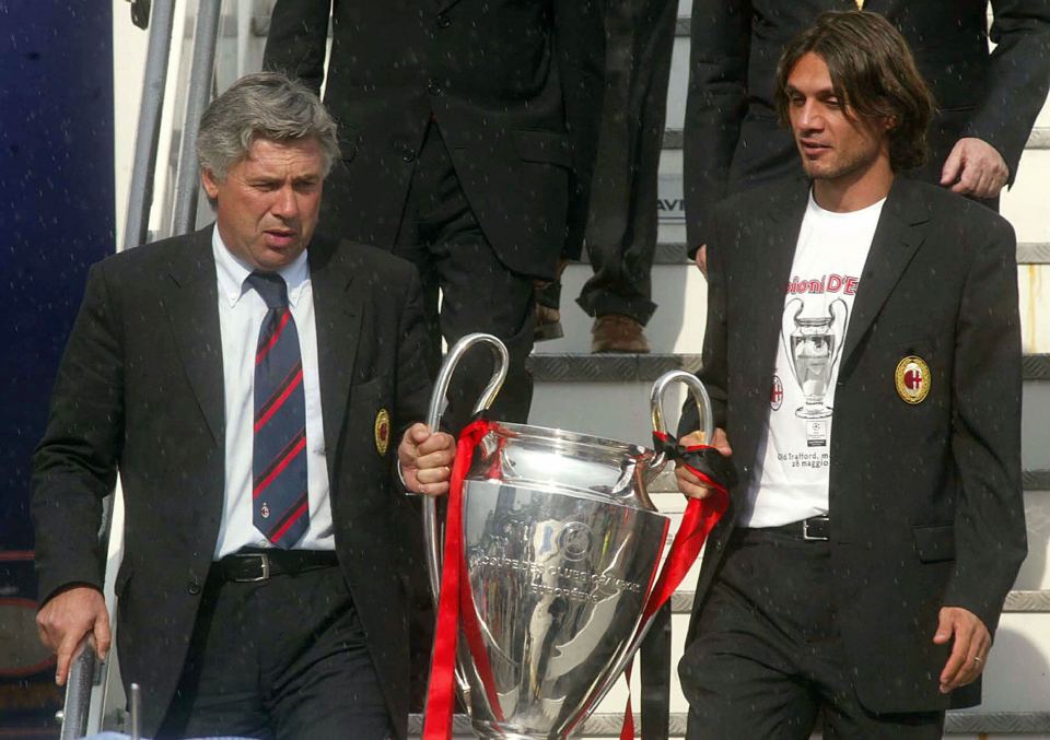 Paolo Maldini and Carlo Ancelotti with the Champions League trophy in 2003