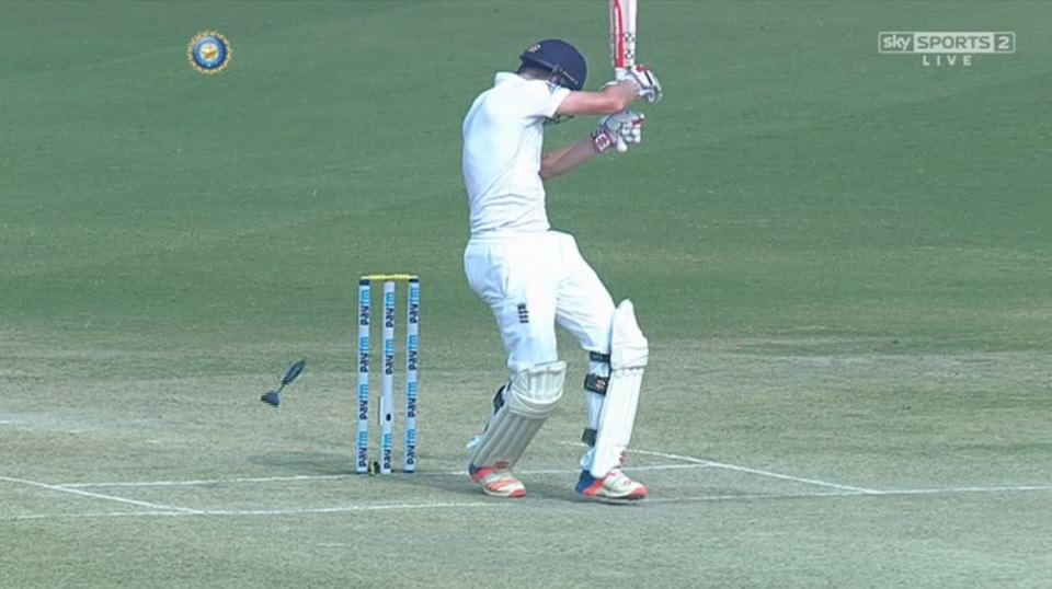 Chris Woakes got hit in the helmet as the back protector was sent flying
