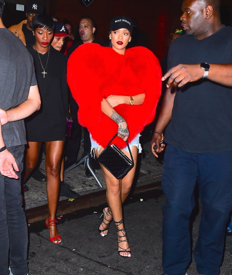 Rihanna Shows her Love as she Goes Clubbing in NYC with with a big Red Fuzzy Heart Jacket