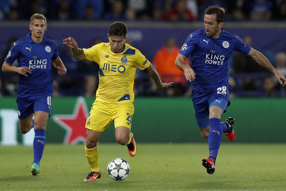 Marc Albrighton (left)) and Christian Fuchs in tandem during their Champions League tiw with Porto