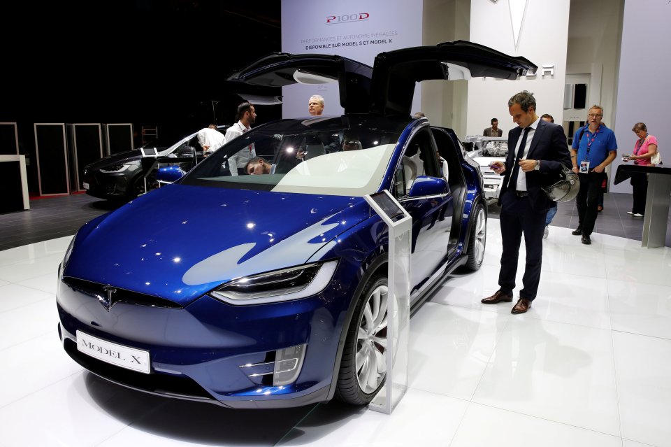 The Tesla Model X car is displayed on media day at the Paris auto show