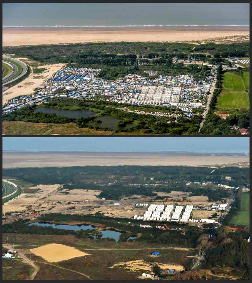 Clearance... The picture at the top shows The Jungle before the French authorities moved in and the bottom after