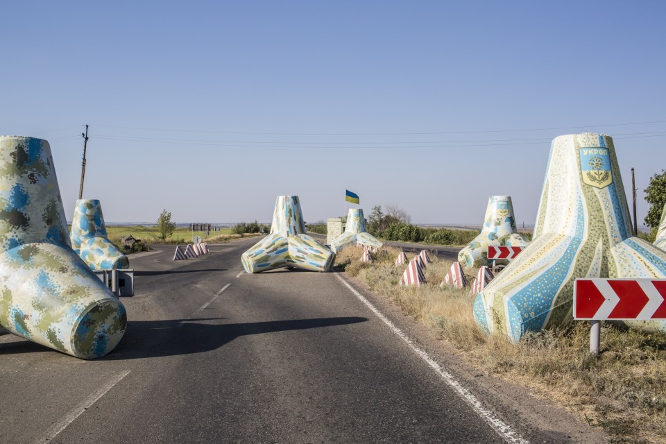 Tank traps which have been painted at a Ukrainian checkpoint