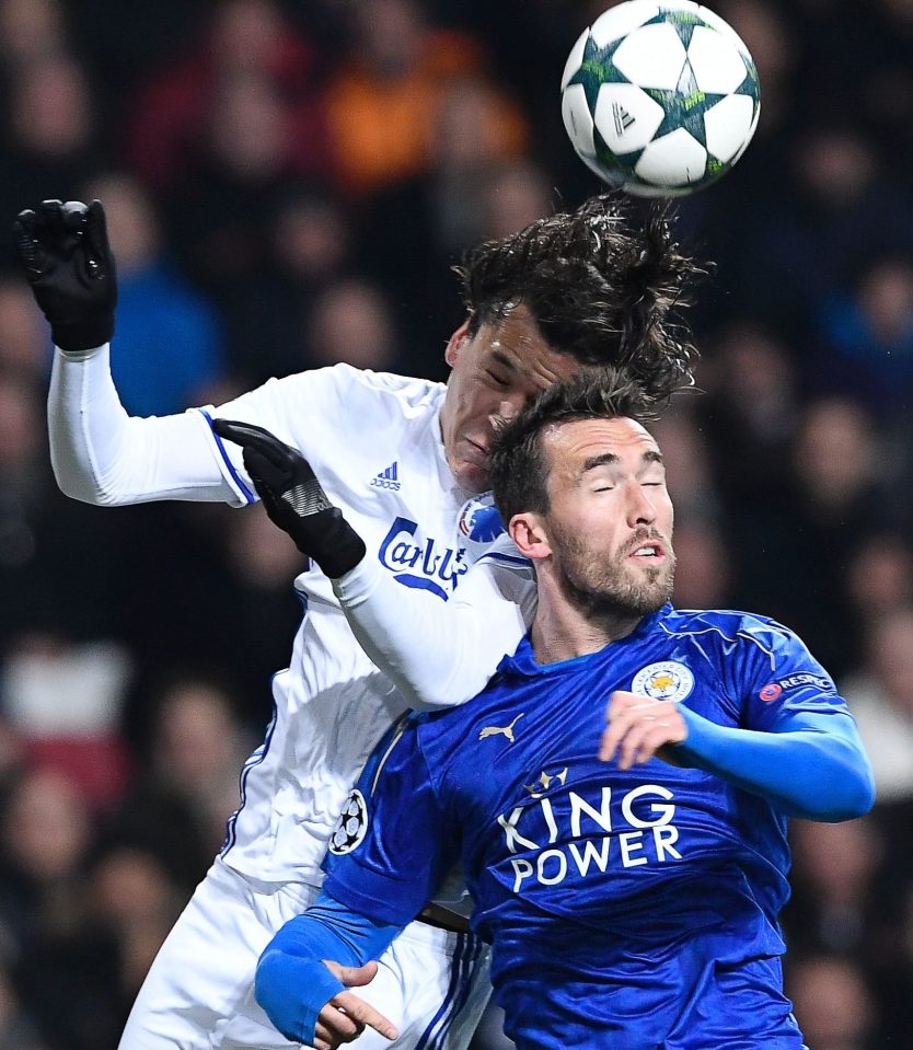 Christian Fuchs in Champoions League cation challenging FC Copenhagen's Federico Santander