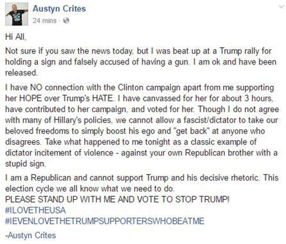 Austyn Crites posted this message to Facebook after the rally 