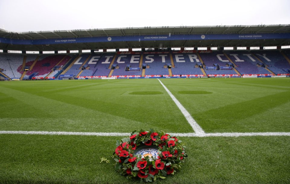 LEICESTER, ENGLAND - NOVEMBER 06 : Leicester City's poppy wreath on the side of the pitch for the clubs remembrance fixture before the Barclays Premier League match between Leicester City and West Bromwich Albion at the King Power Stadium on November 06 , 2016 in Leicester, United Kingdom. (Photo by Plumb Images/Leicester City FC via Getty Images)