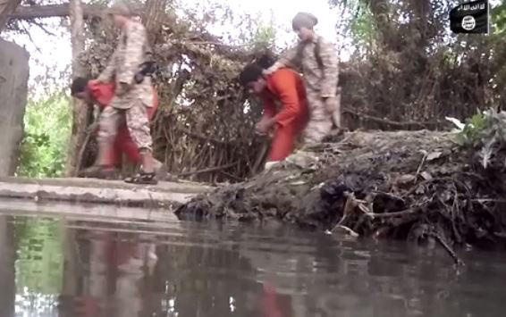 Captive men are dragged by the killer kids
