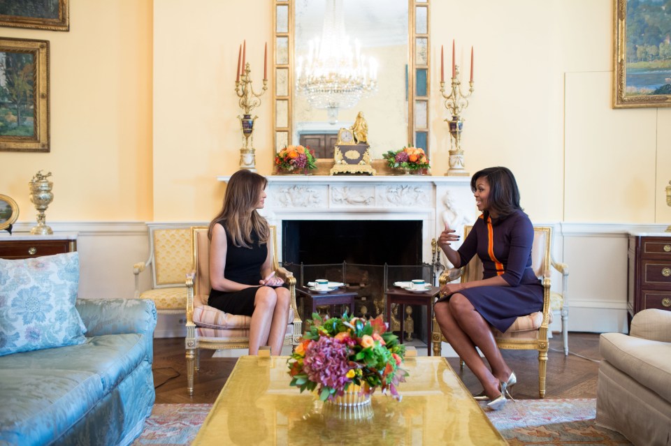 First Lady Michelle Obama meets with Melania Trump for tea in the Yellow Oval Room of the White House