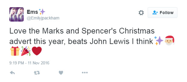 There were suggestions that M&S had "won" the Christmas advert competition for 2016 