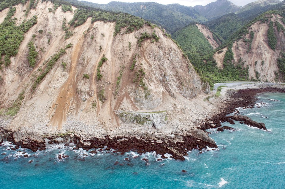 Landslides block State Highway One near Kaikoura on the upper east coast of New Zealand's South Island 