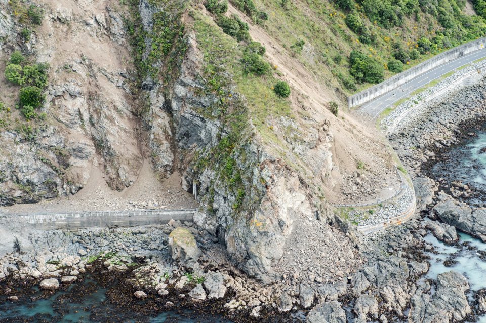 Landslides block State Highway One near Kaikoura on the upper east coast of New Zealand's South Island