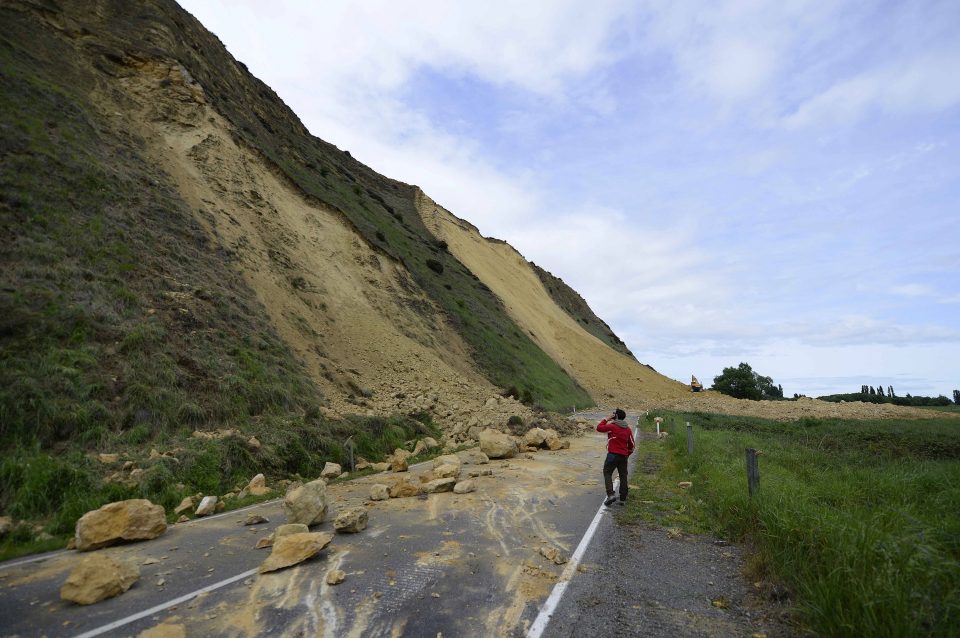 A landslide blocks a road north pf north of Christchurch in the aftermath of a 7.5 magnitude earthquake