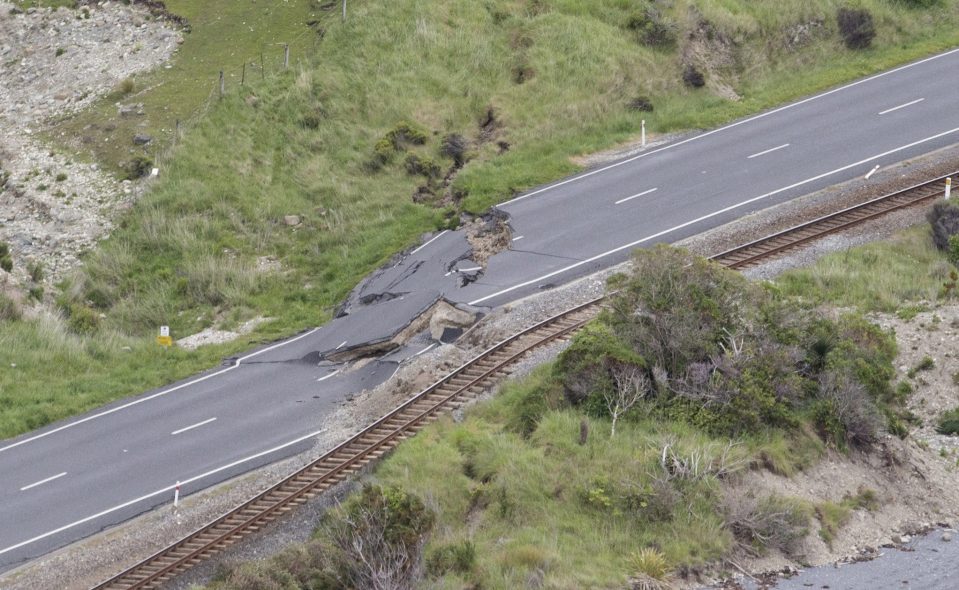 Earthquake damage on State Highway One and the main trunk railway line north of Kaikoura