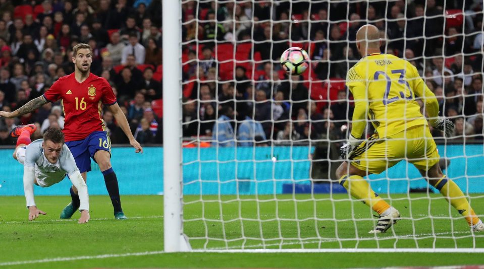 Jamie Vardy scores with a brilliant diving header to put England two-up