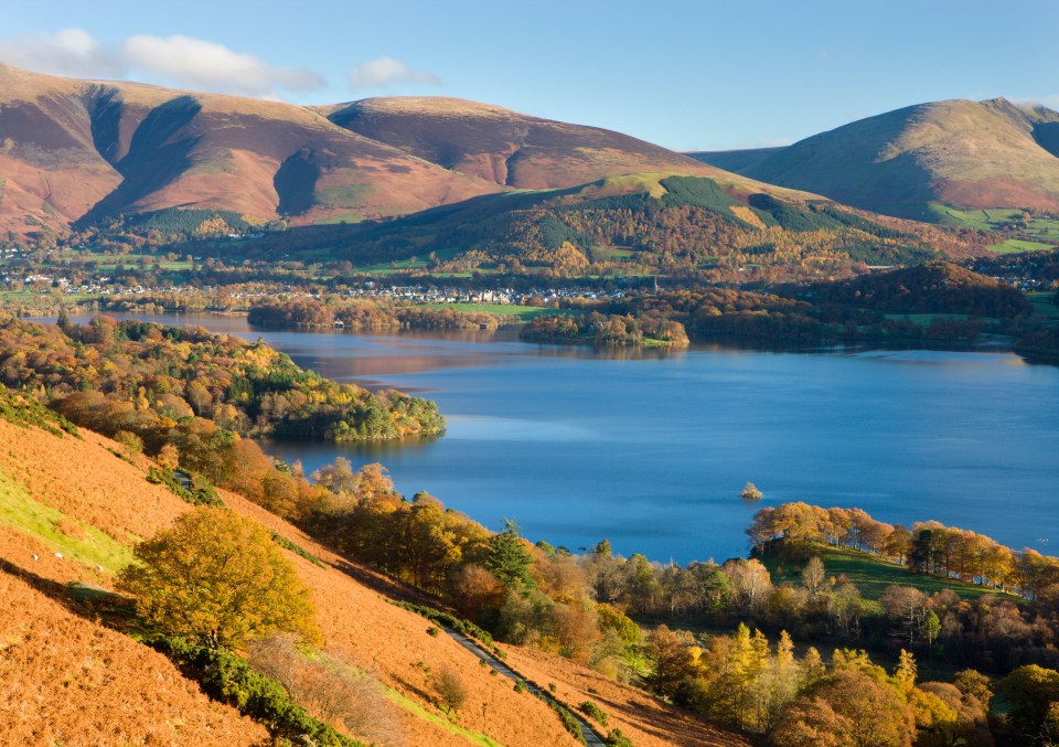 Derwent Water and Keswick from Catbells, Lake District National Park, Cumbria, England. Autumn (November) 2010.