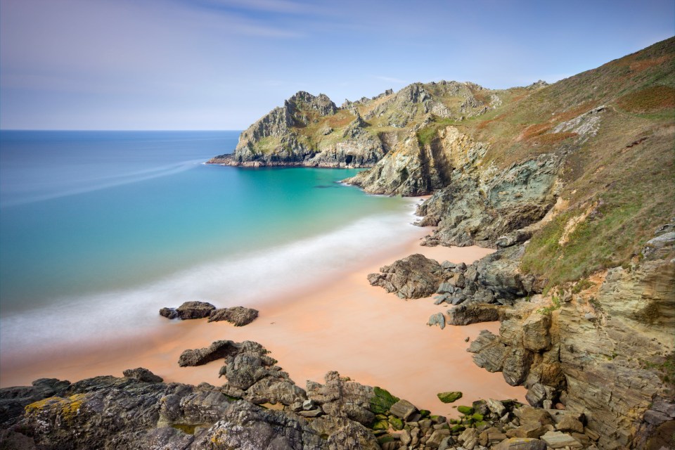 Pristine sandy beach at Elender Cove, looking towards Gammon Head, Salcombe