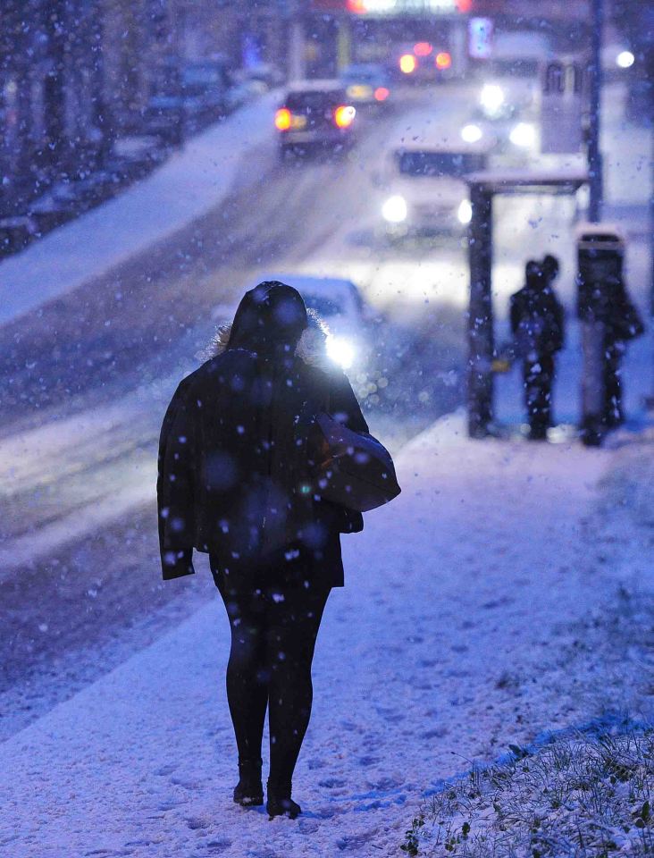 A woman trudges up a snowy pavement in Oldham as the UK felt the first real bites of winter