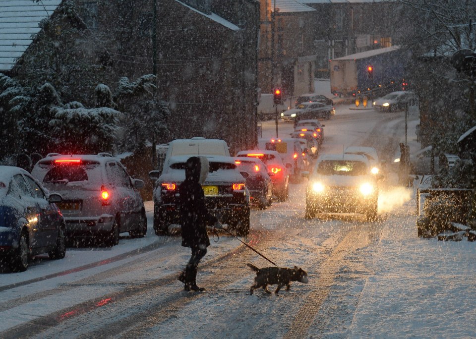 A dog walker takes their pooch on a snowy stroll this morning across the Lancashire town of Mossley 