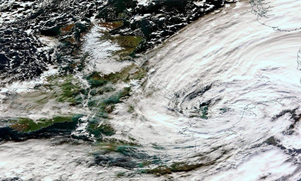 NASA image taken at midday yesterday showing Storm Angus over the SE of England which brough hurricane force winds and heavy rain as it swept across southern Britain