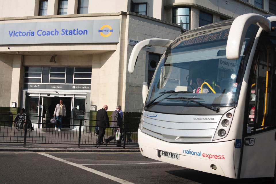A coach departs Victoria coach station in Victoria, London, 2011