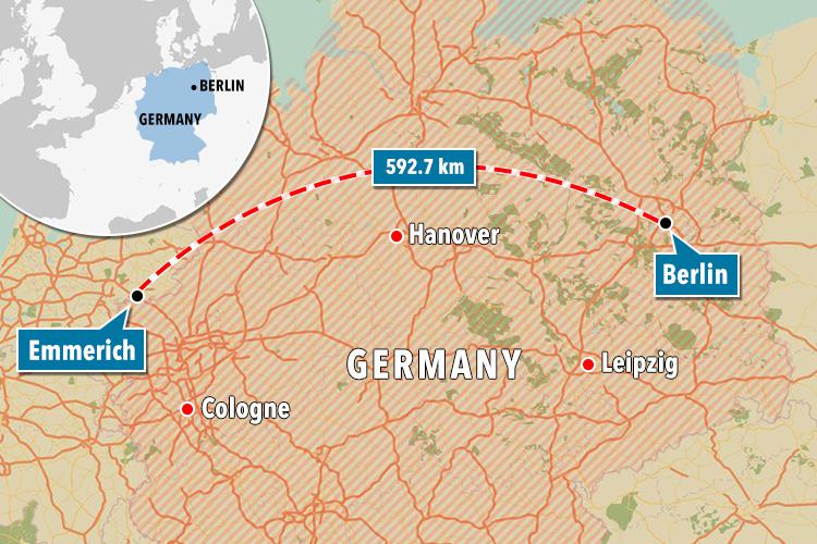  Police today launched a manhunt in the town of Emmerich, the border town in which Amri lived