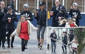 Harper steals the spotlight from brothers on a family outing before Victoria gets wolf-whistled by builders