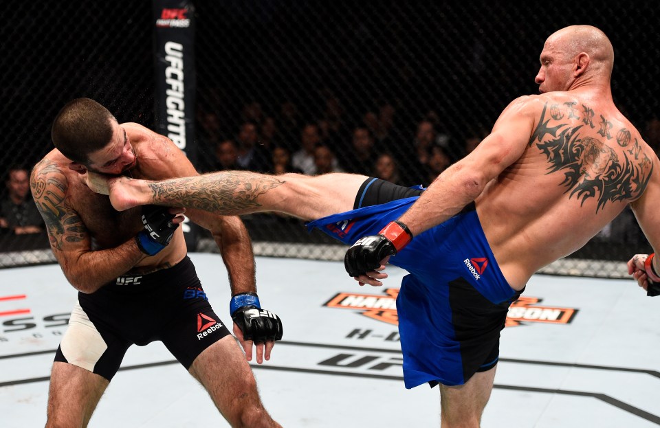 TORONTO, CANADA - DECEMBER 10: (L-R) Donald Cerrone knocks out Matt Brown with a kick to the head in their welterweight bout during the UFC 206 event inside the Air Canada Centre on December 10, 2016 in Toronto, Ontario, Canada. (Photo by Jeff Bottari/Zuffa LLC/Zuffa LLC via Getty Images)