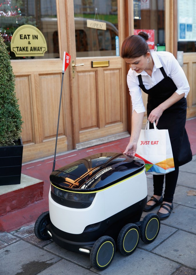 LONDON, ENGLAND - NOVEMBER 28: A general view of the Just Eat Robot on the streets of Greenwich on November 28, 2016 in London, England. (Photo by Tristan Fewings/Getty Images for Just Eat)