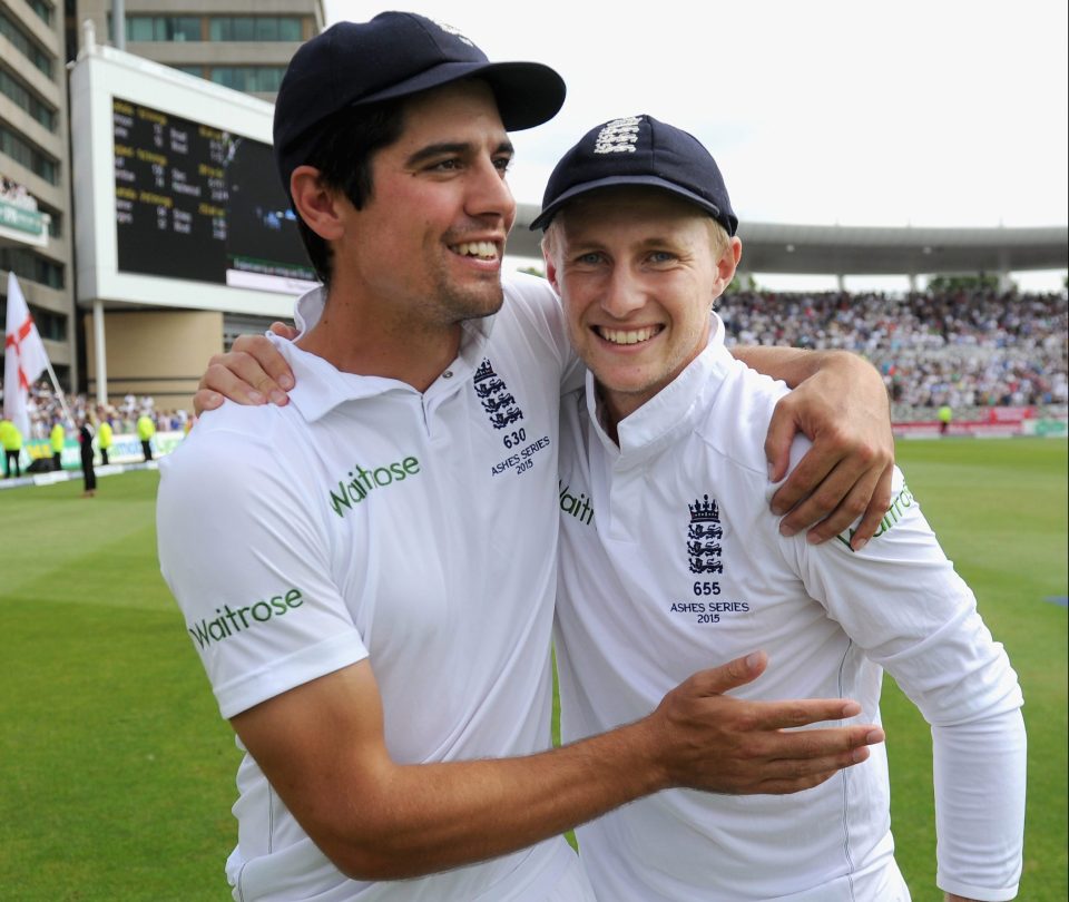 England captain Alastair Cook celebrates with Joe Root