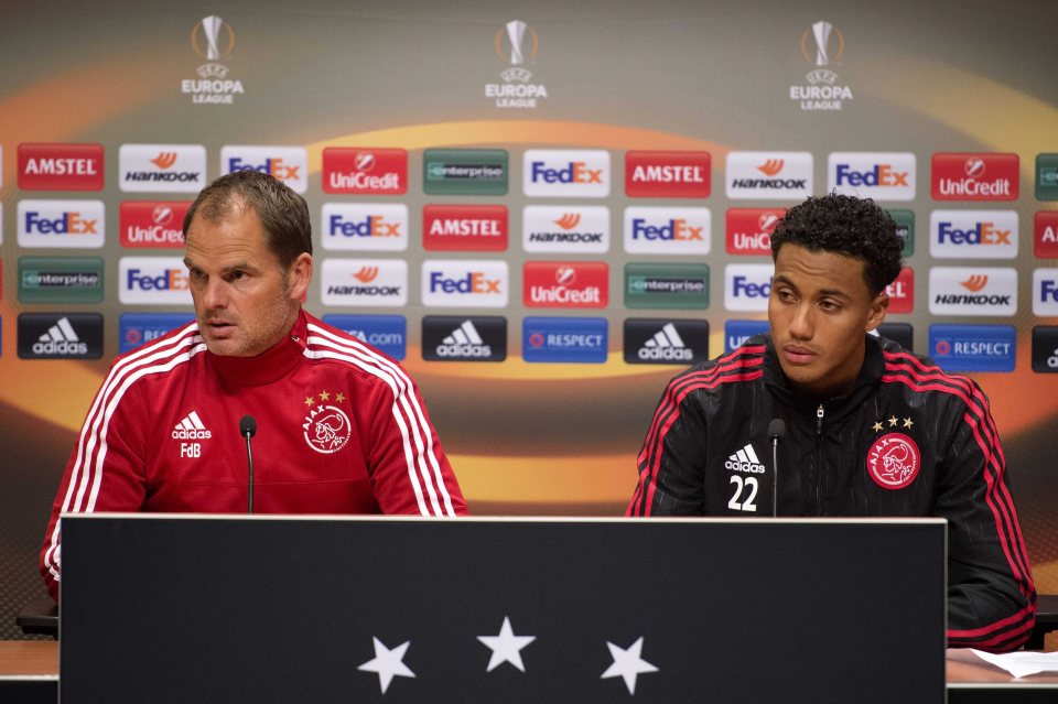 epa04933049 Ajax coach Frank de Boer (L) and player Jairo Riedewald attend a press conference in Amsterdam, The Netherlands, 16 September 2015. Ajax faces Celtic Glasgow in an UEFA Europa League Group A match on 17 September. EPA/OLAF KRAAK