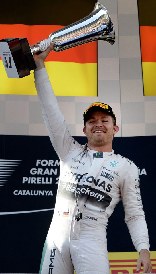 Familiar pose...Rosberg celebrating on the podium after the Spanish GP