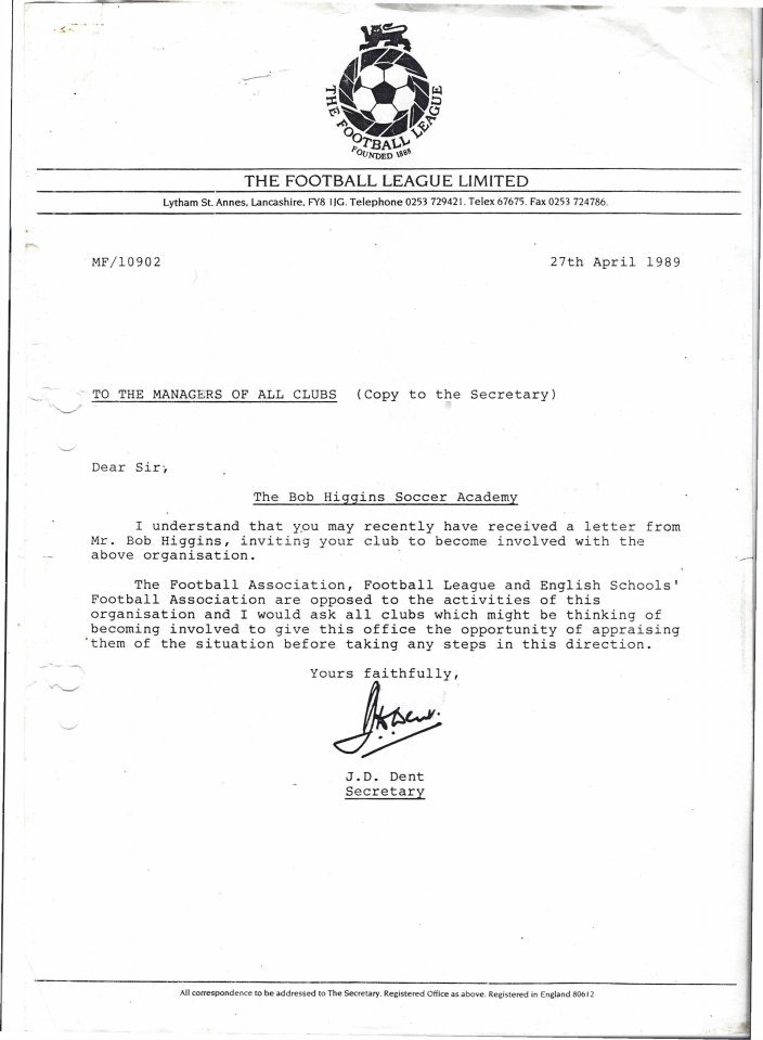 The Football League letter sent to clubs in 1989 advising them not to work with Bob Higgins