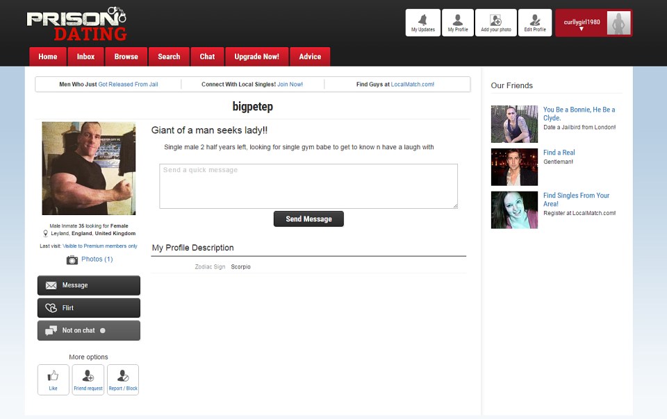 The website claims it can help users find their soulmates from behind bars using a profile like this 