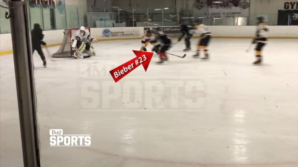  Justin Bieber was winding up for a short before his stick was snapped in half in an amateur ice hockey game