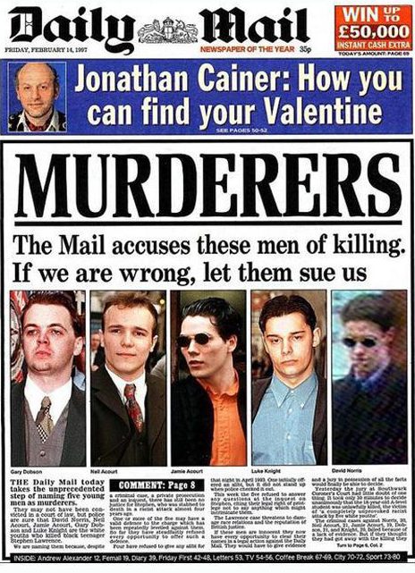  Mail’s 1997 Page One accused five men over Stephen Lawrence’s murder, and defied them to sue