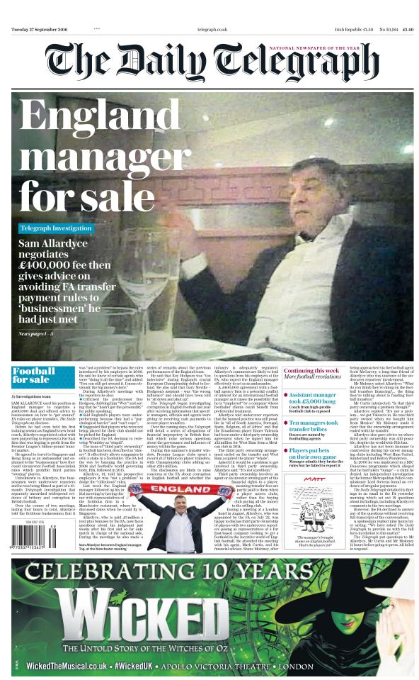  Telegraph scoop in September saw Sam Allardyce lose England manager job after transfers brag