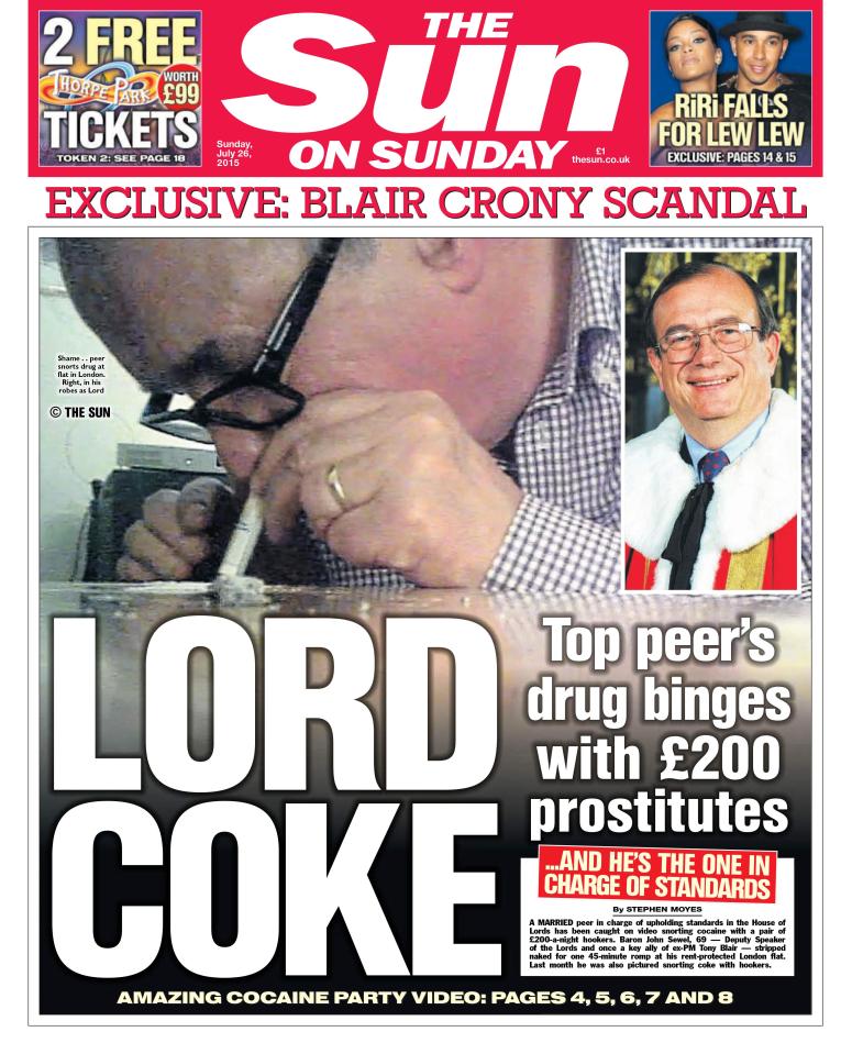  Parliament standards chief Lord Sewel pictured in 2015 snorting cocaine with two £200 hookers