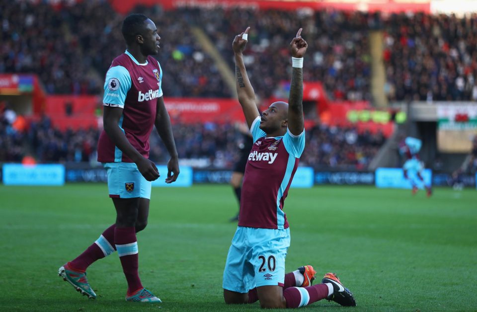  Andre Ayew celebrates his first goal for West Ham since move from Swansea