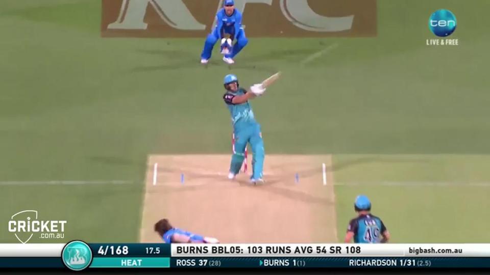 Joe Burns launches a mammoth six of the bowling of Kane Richardson