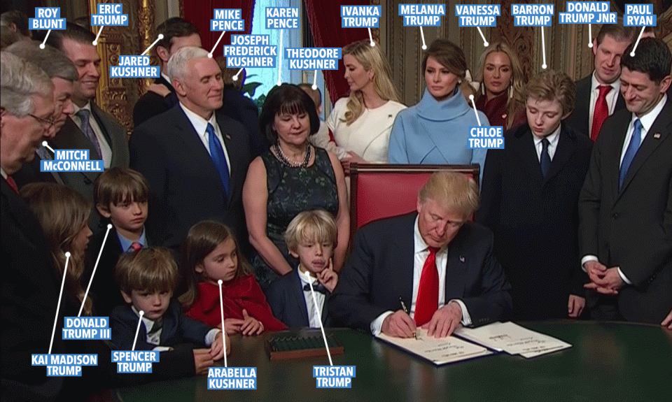 Trump was surrounded by his family and his Vice President Mike Pence