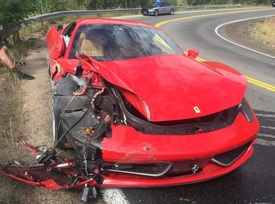 But the trip goes badly when he sends the supercar careering into a crash barrier on the Colorado road