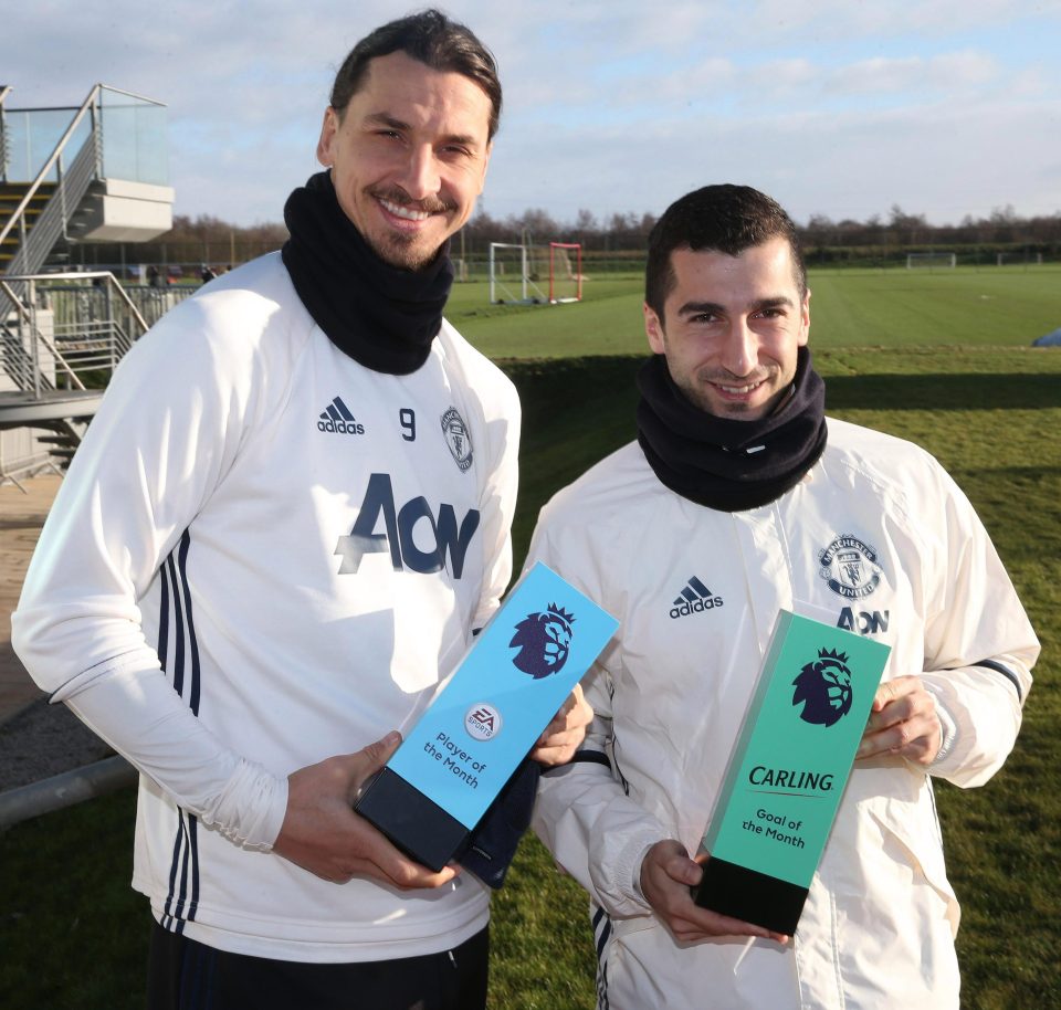  Ibrahimovic and Mkhitaryan celebrate their Player of the Month and Goal of the Month awards