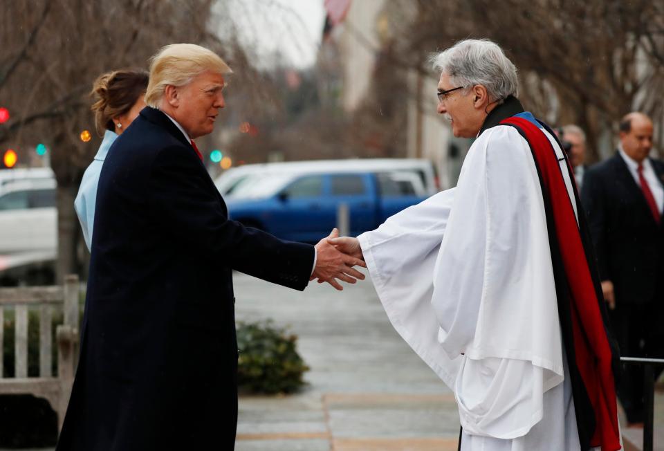 Trump and Melania were greeted by the pastor at the door 