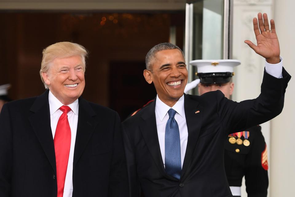 Trump and Obama were pictured shaking hands on the steps and asking each other how they were doing.