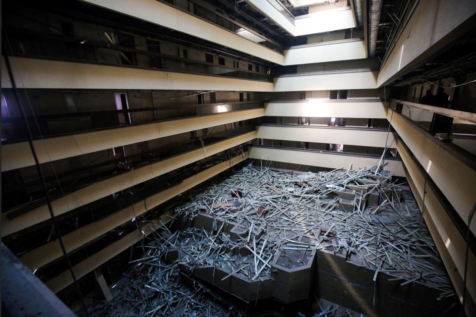 The rubble-strewn interior of the hotel