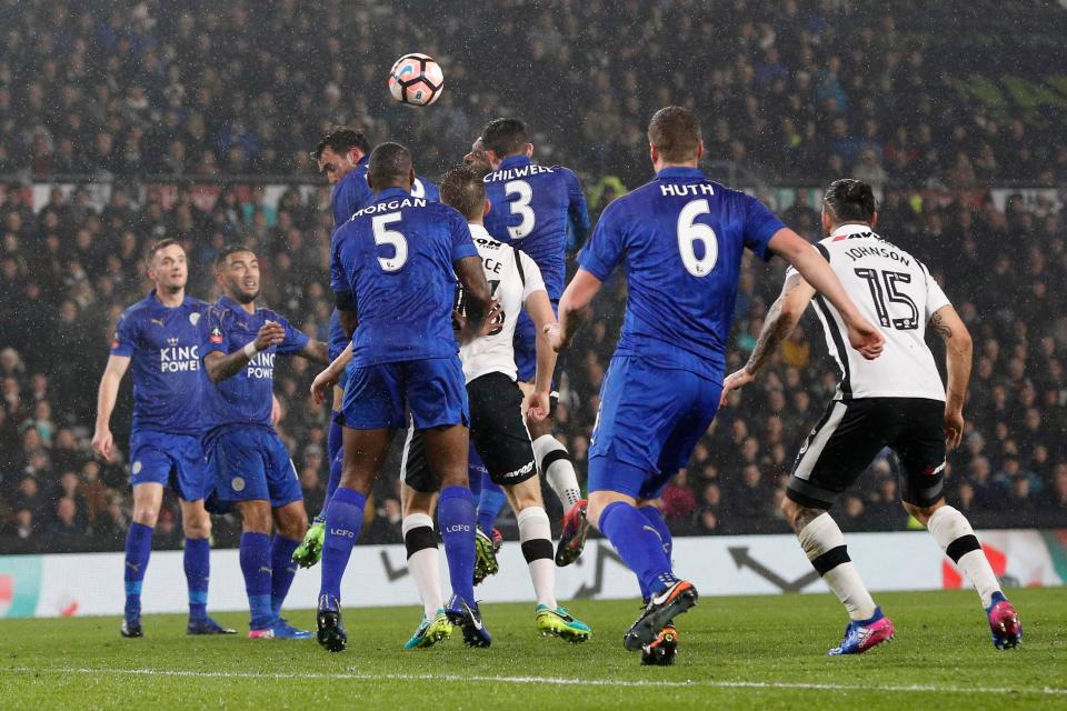Rams striker Bent rose above the Leicester defence to flick home Will Hughes cross