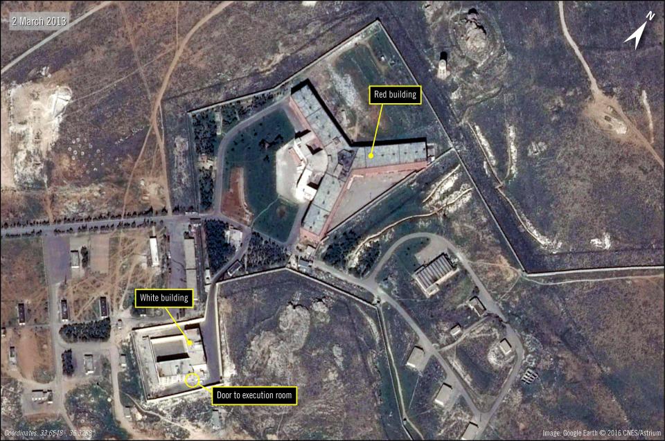 This aerial image shows the Syrian jail where Bashar al-Assad has been accused of hanging 13,000 prisoners over five years