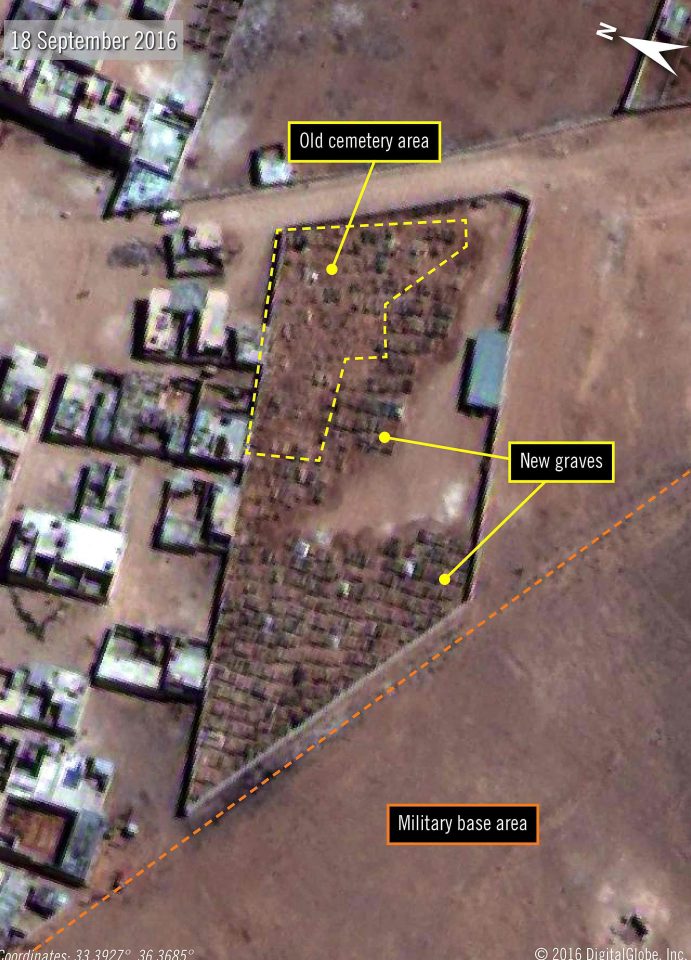 The shocking images show the mass graves where the prisoners were buried at Saydnaya Prison near Damascus 