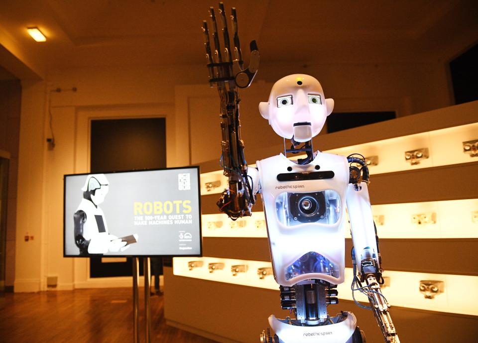  Robothespian, a social robot, interacts during the press preview of the Robots exhibition